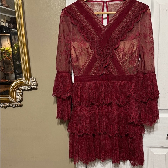 Self-Portrait Burgundy Lace Long Sheer Sleeve Dress